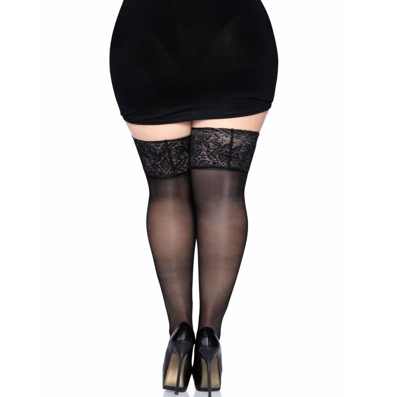 LEG AVENUE - MEDIAS NEGRAS AUTOADHESIVAS CON ENCAJE ANCHO PLUS SIZE - Kanerotika SL