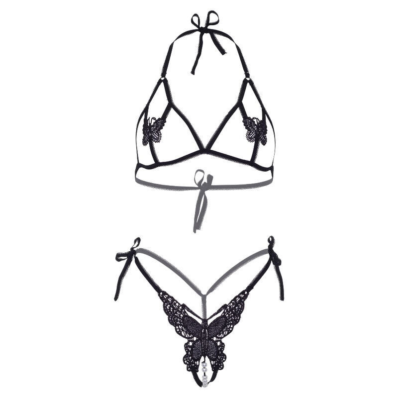 LEG AVENUE - SET DOS PIEZAS SUJETADOR Y TANGA DE MARIPOSAS Y PERLAS TALLA UNICA - NEGRO - Kanerotika SL