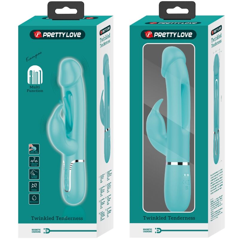 PRETTY LOVE - KAMPAS VIBRADOR RABBIT 3 EN 1 MULTIFUNCIÓN CON LENGUA VERDE AGUA - Kanerotika SL