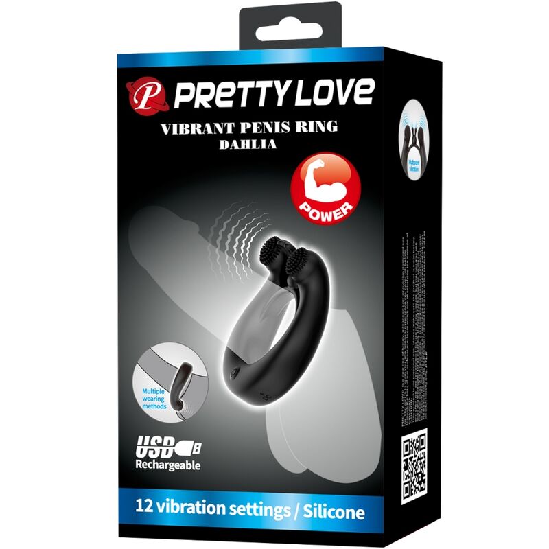 PRETTY LOVE - DAHLIA ANILLO VIBRADOR + ESTIMULADOR DE CLÍTOIS 12 VIBRACIONES NEGRO - Kanerotika SL