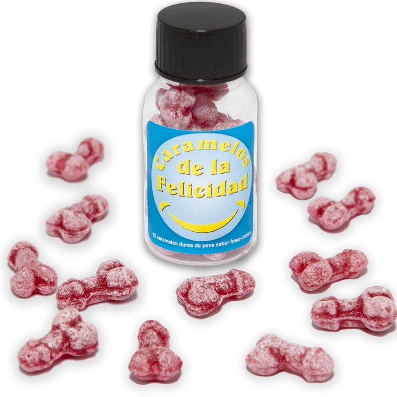 DIABLO PICANTE - BOTE 12 CARAMELOS DE LA FELICIDAD FORMA PENE FRESA/CEREZA - Kanerotika SL