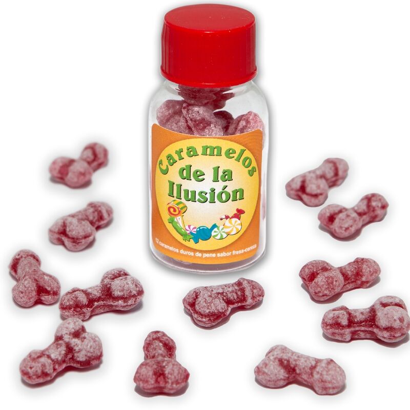 DIABLO PICANTE - 12 CARAMELOS DE LA ILUSIÓN FORMA PENE FRESA/CEREZA - Kanerotika SL