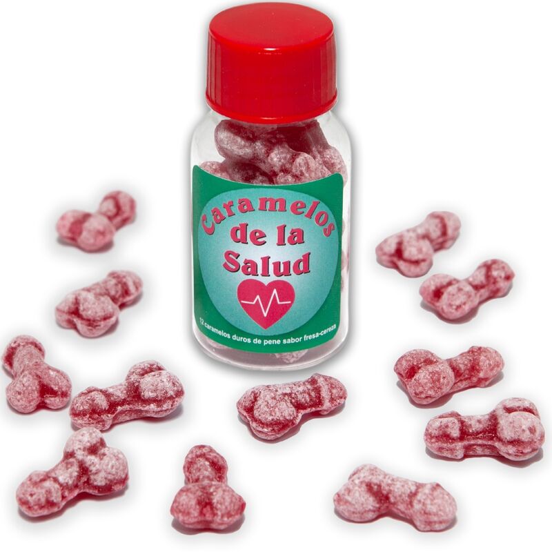 DIABLO PICANTE - 12 CARAMELOS DE LA SALUD FORMA PENE FRESA/CEREZA - Kanerotika SL